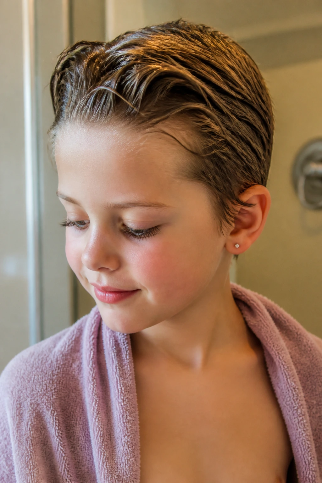 Girl with damp pixie cut in bathroom for wash day routine grooming.