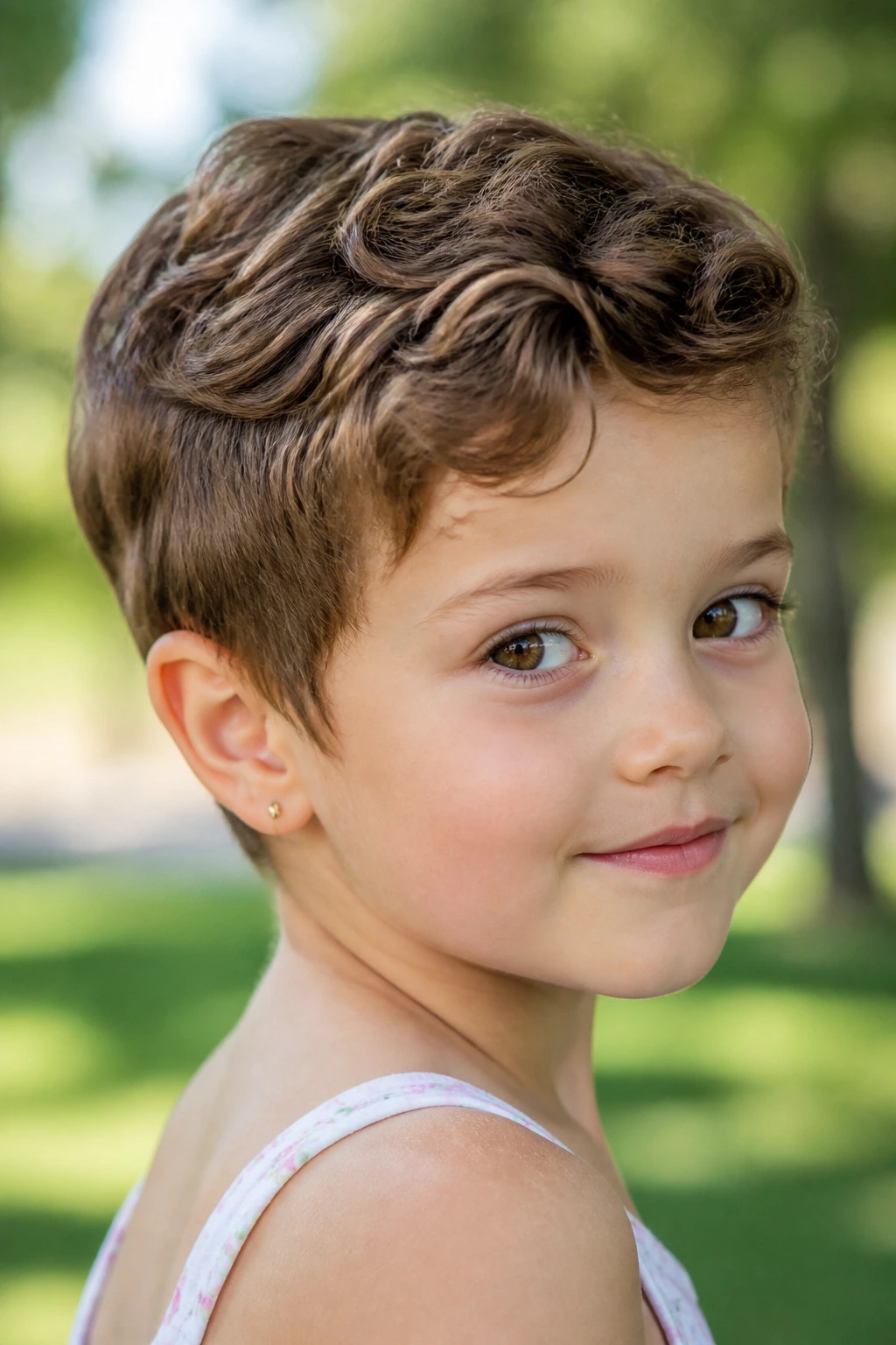 Close-up portrait of a girl with a wavy pixie haircut showing natural waves