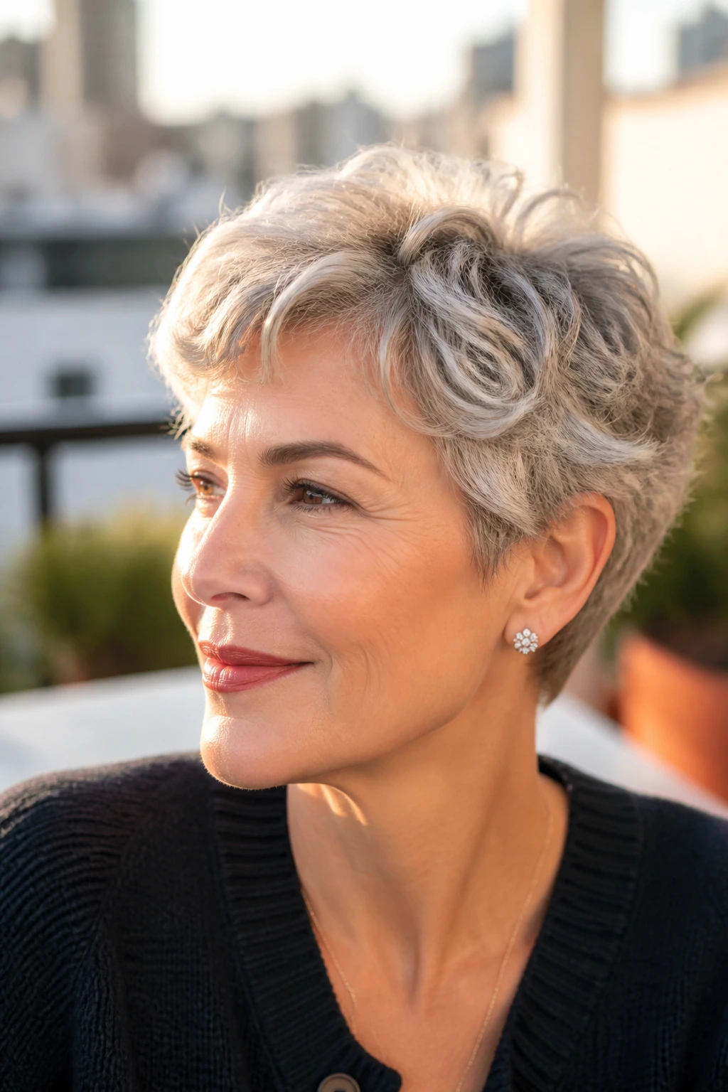 Close-up of a real woman with a wavy pixie and gray hair in golden-hour outdoor light
