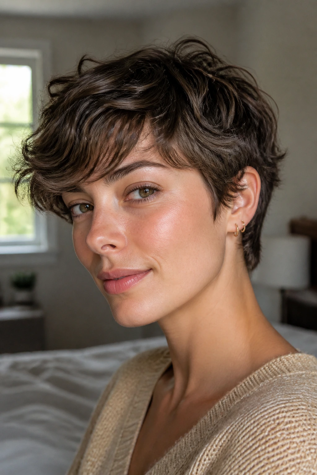 Close-up of a real woman with a grown-out pixie and wave, natural window light
