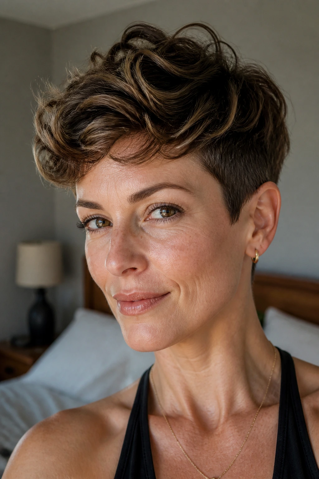 Real woman with grown-out pixie waves on top and clean sides