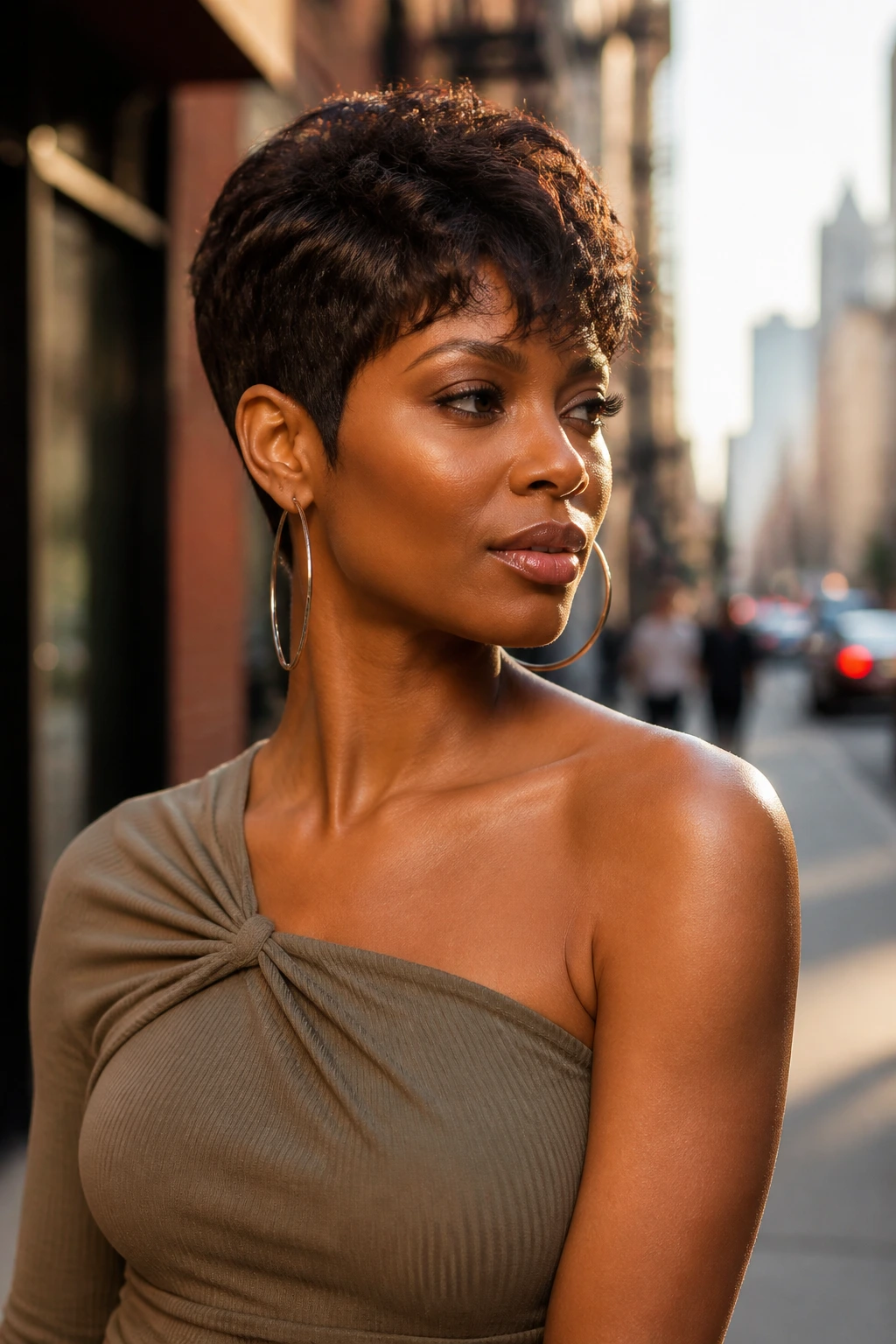 Portrait of a real woman with pixie hairstyle and chic outfit