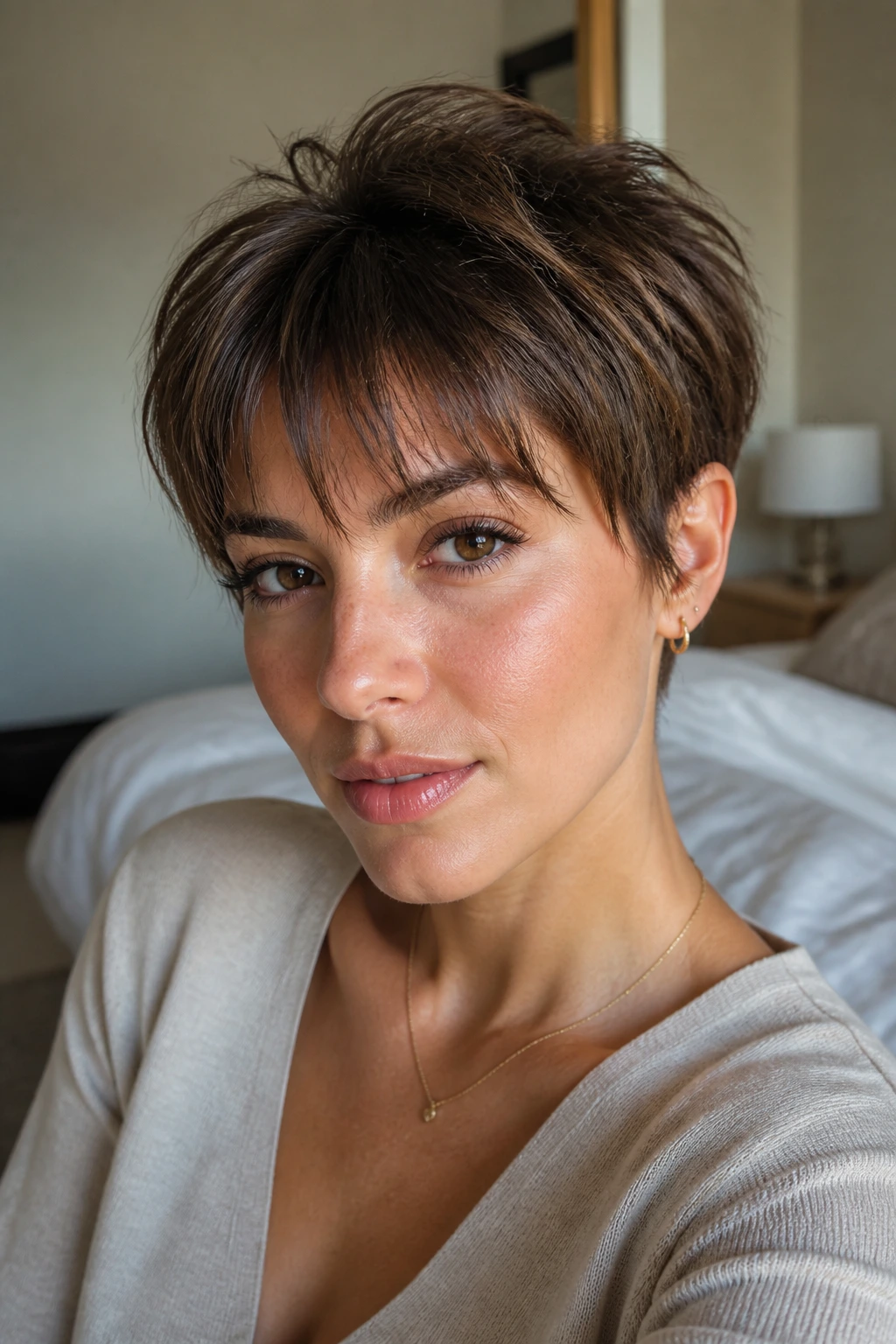 Portrait of a woman with a soft pixie cut and wispy bangs.