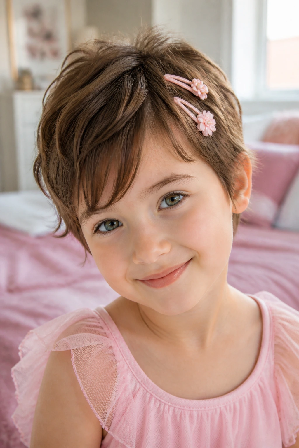 Close-up of a child with wispy pixie and small hair clips in a bright room
