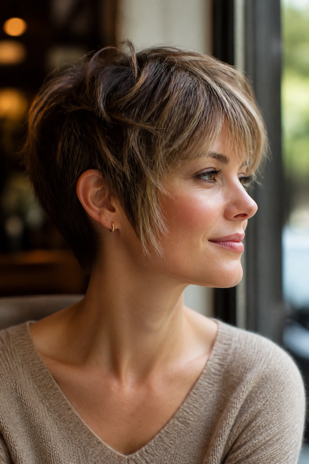 Close-up portrait of a real woman with wispy temples pixie in soft window light