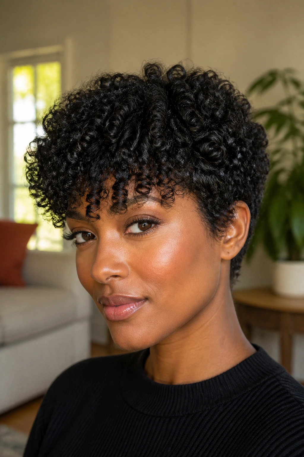 Close-up of a real person with coily forward fringe pixie wolf hairstyle filling the frame