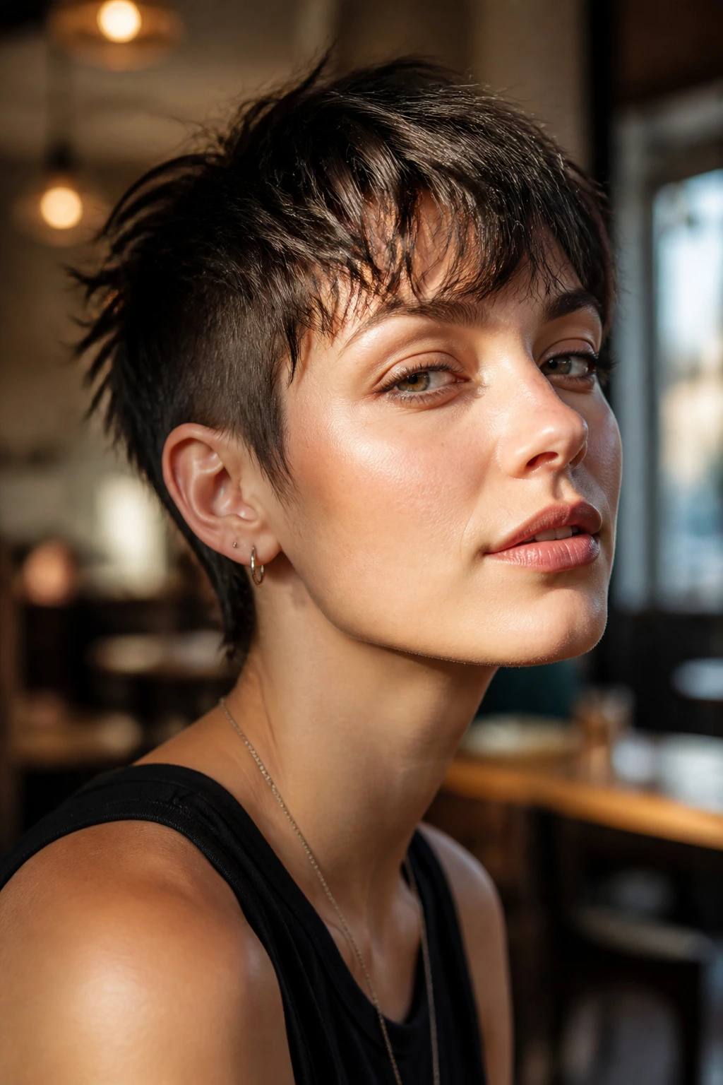 Close-up of real person with short sides and long top pixie-wolf hair