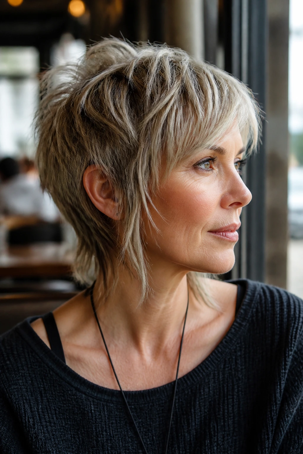 Close-up portrait of a real person with a pixie-wolf hybrid haircut in warm cafe light