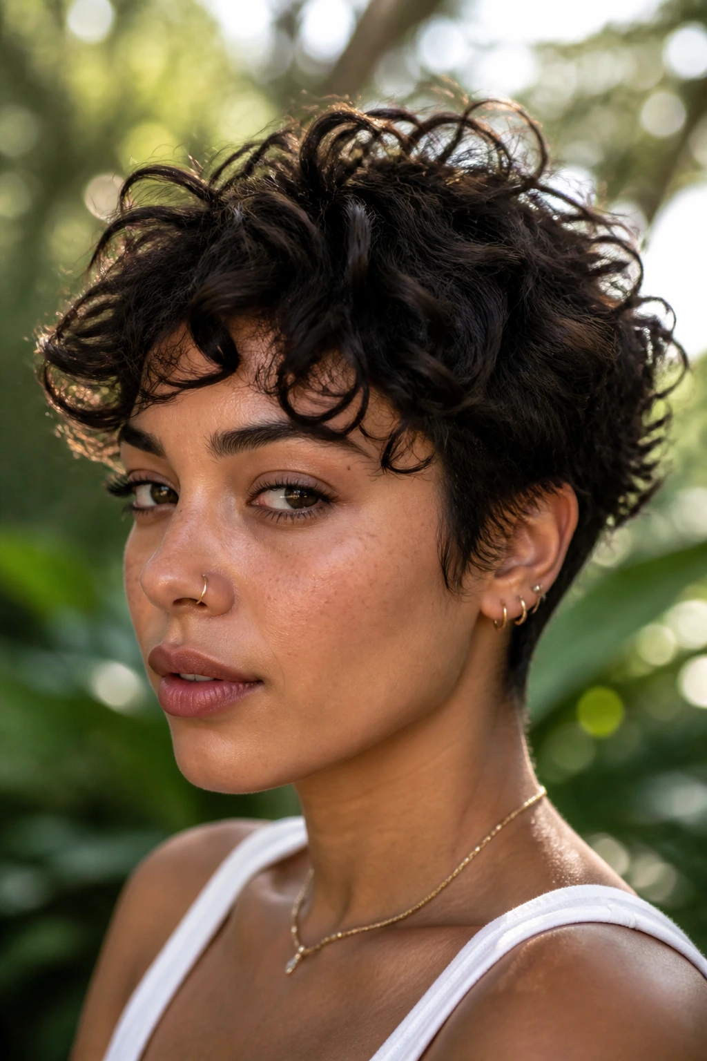 Portrait of a woman with layered pixie wolf hairstyle on curly hair in natural daylight