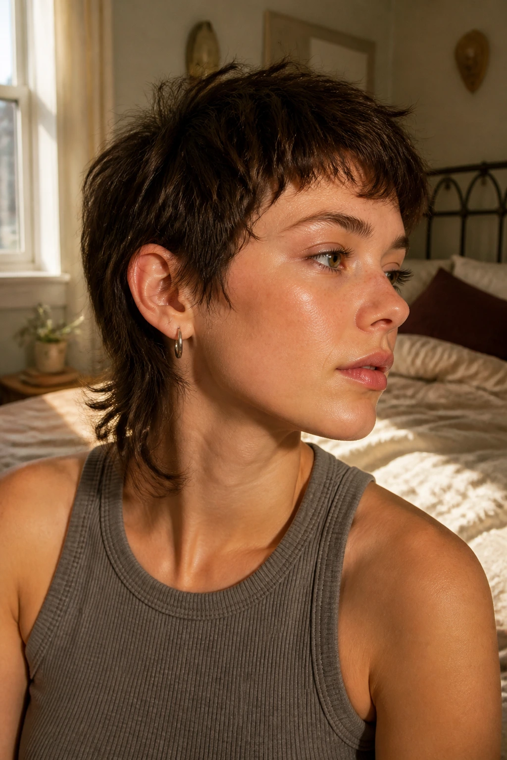 Close-up of a real person with a grown-out pixie wolf mullet showing crown lift and soft sides in warm bedroom light.