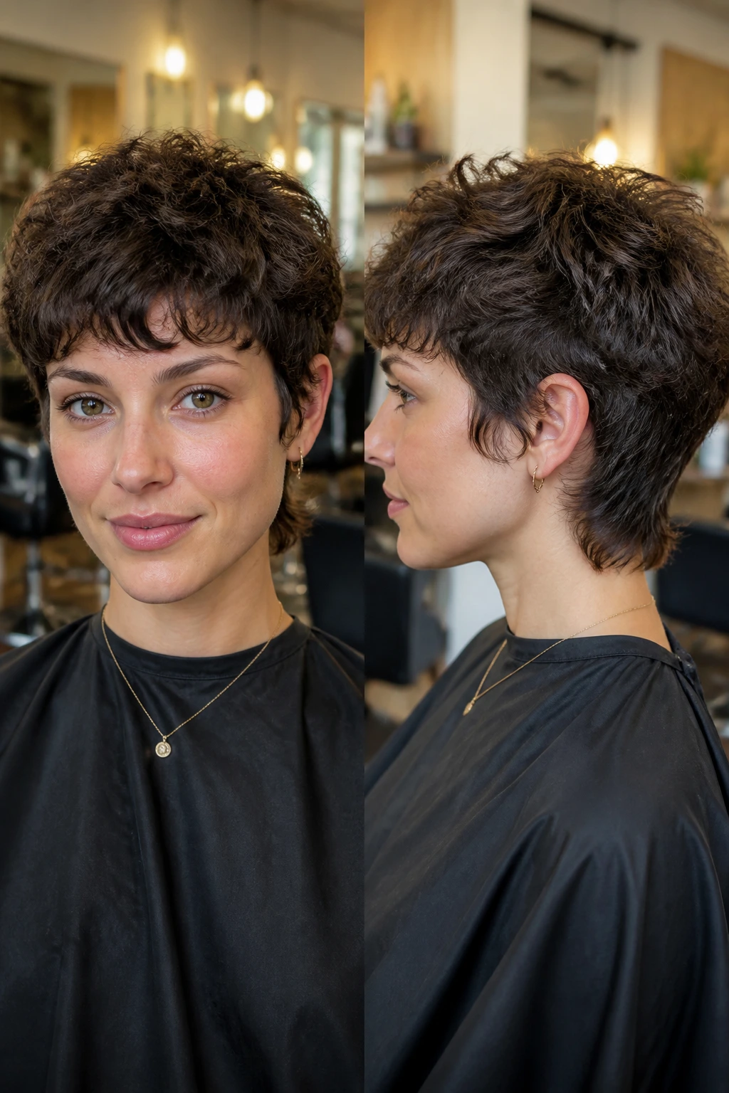 Real person in a salon chair with a pixie wolf cut, front and side view