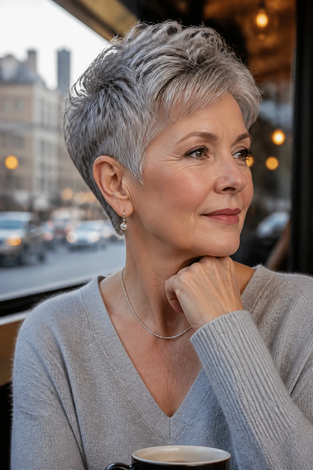 Close-up of a woman wearing a modern pixie hairstyle in a sunlit cafe