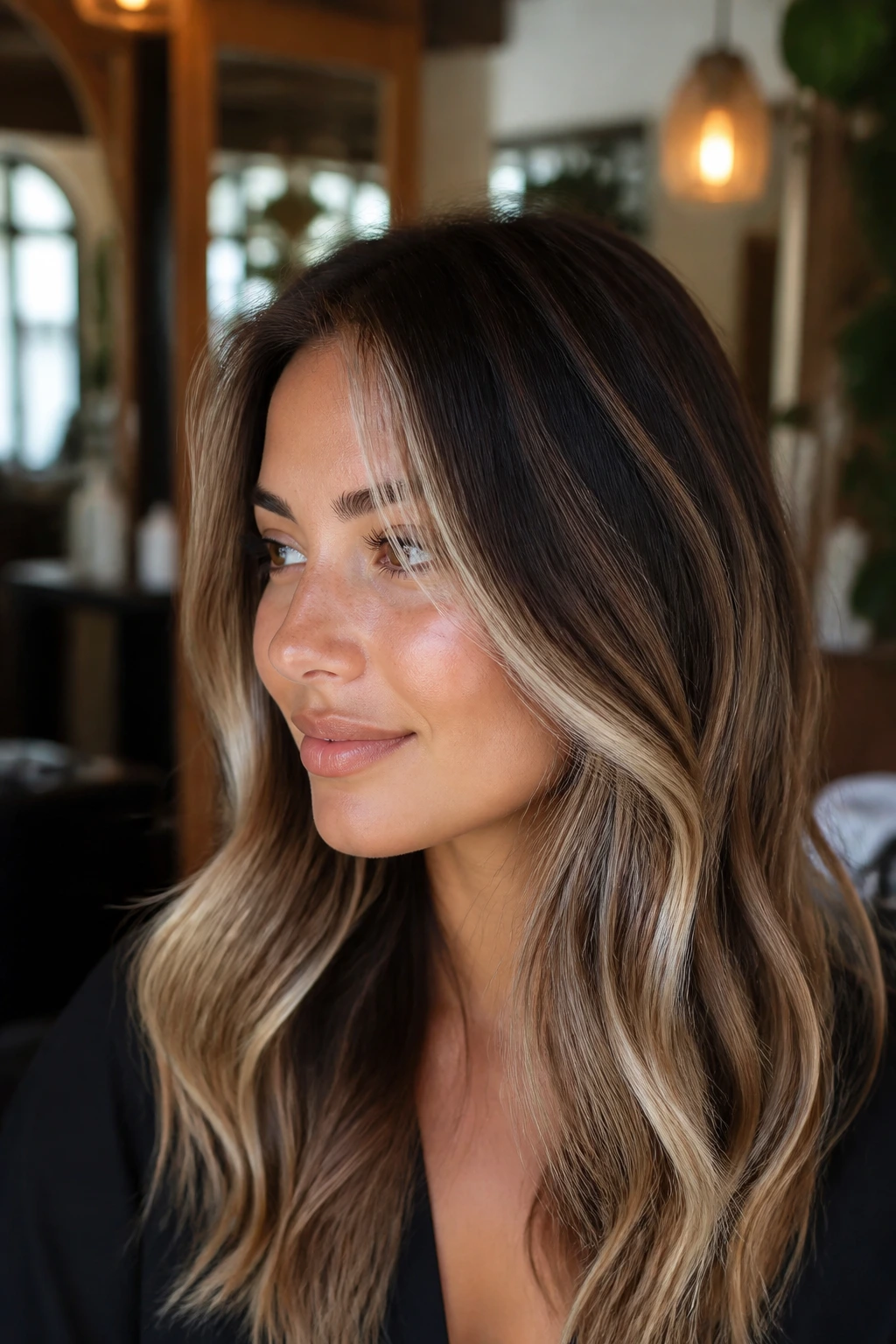Close-up of a person's face with carefully placed highlights framing the face in a salon setting