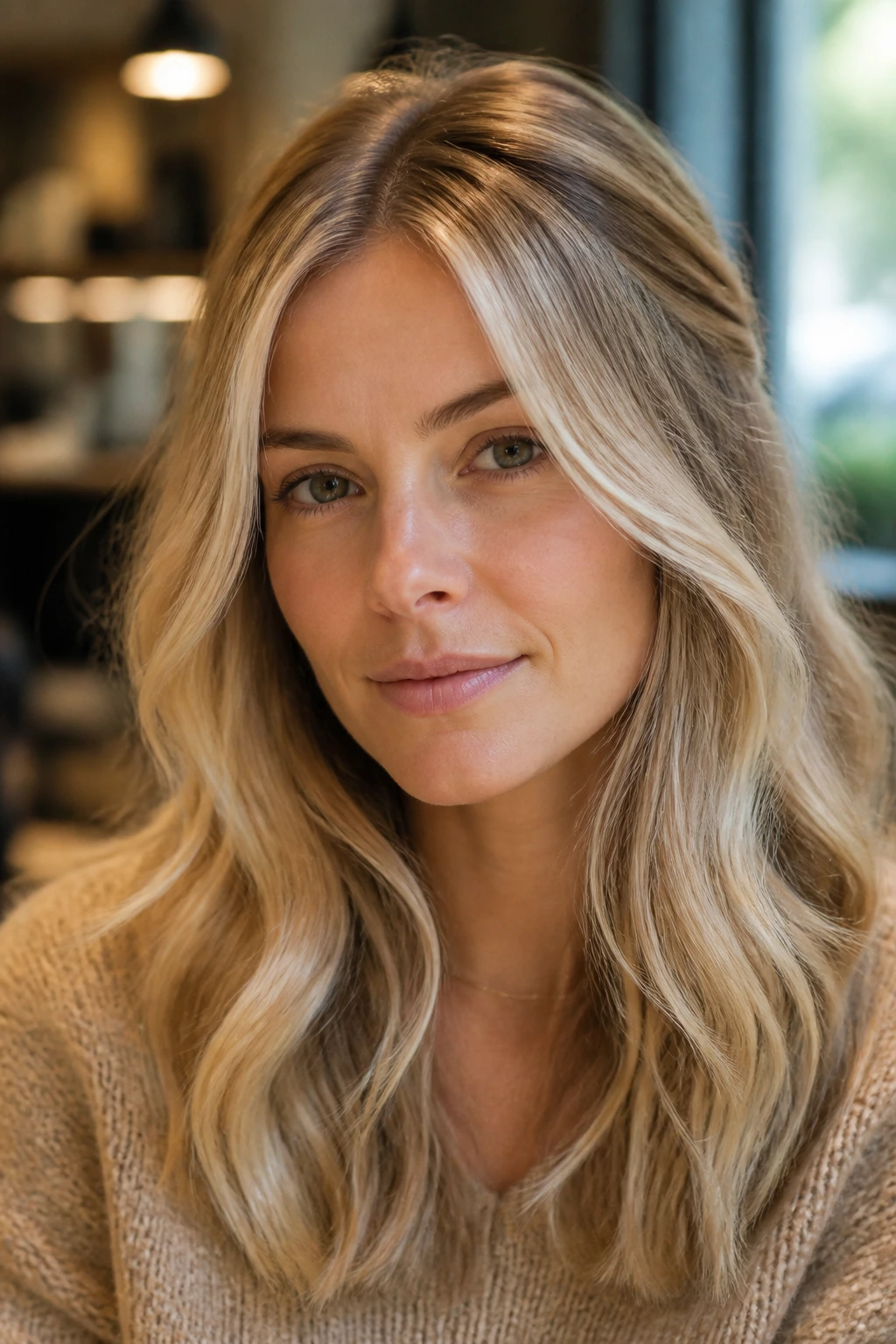 Close-up portrait showing hair placement and face-framing highlights