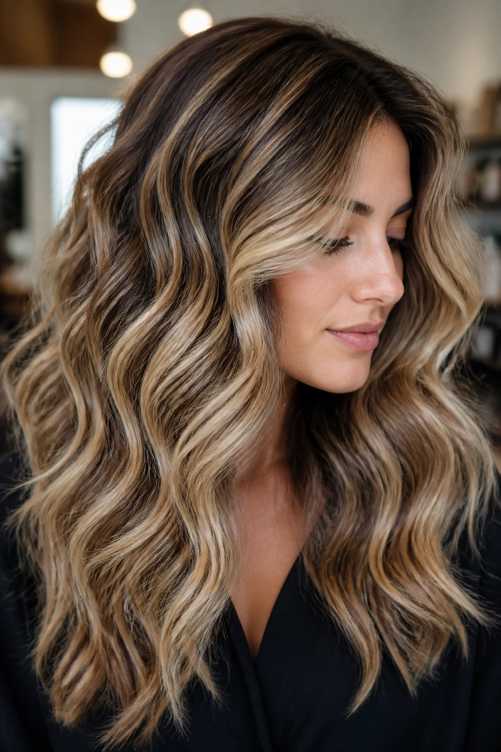 Close-up of wavy hair with strategic highlights around the face frame and mid-lengths