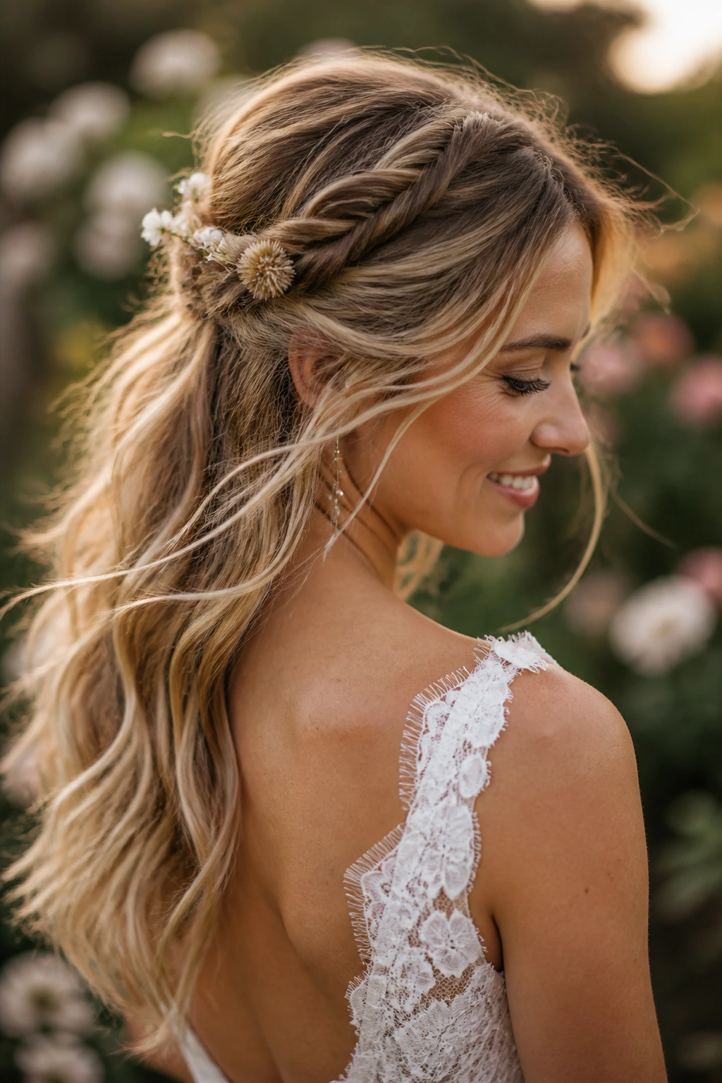 Bride with a planned boho wedding hairstyle in a garden.
