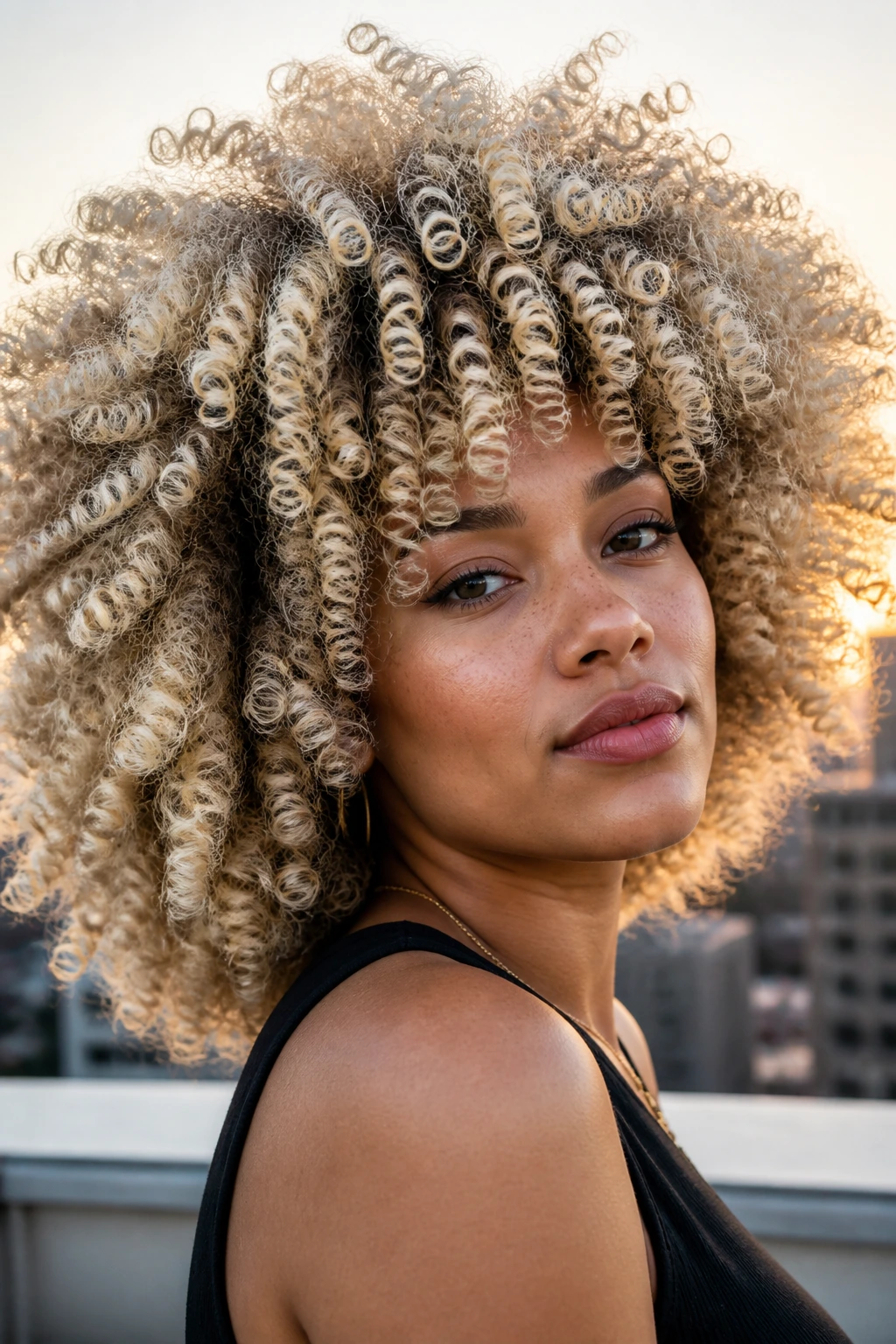 Close-up of a real woman with ribboned platinum Afro curls