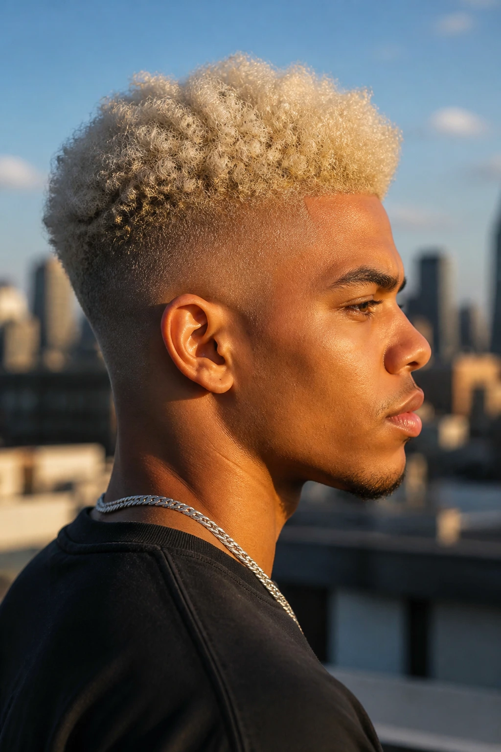 Three-quarter portrait of a real person with platinum afro fade and rounded top