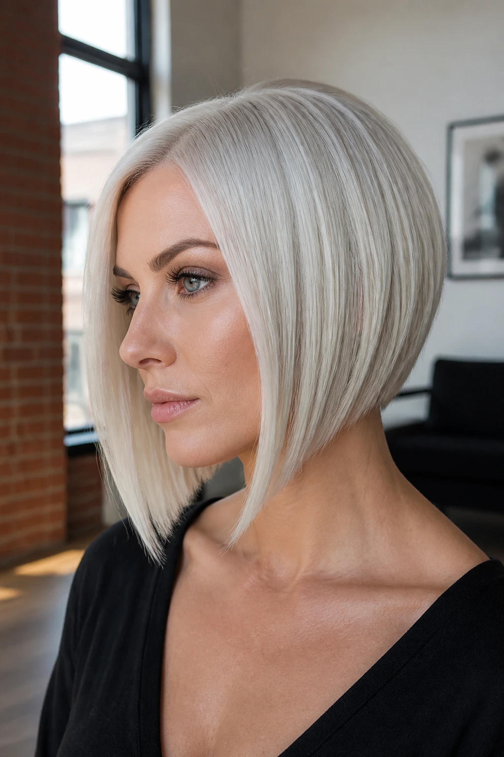 Close-up portrait of a woman with a platinum angled bob showing a sharp front line and angled back.