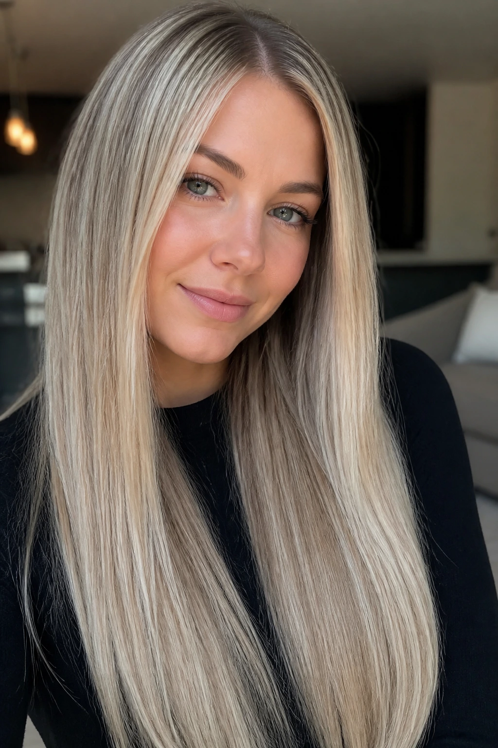Real woman with platinum babylights on long straight hair