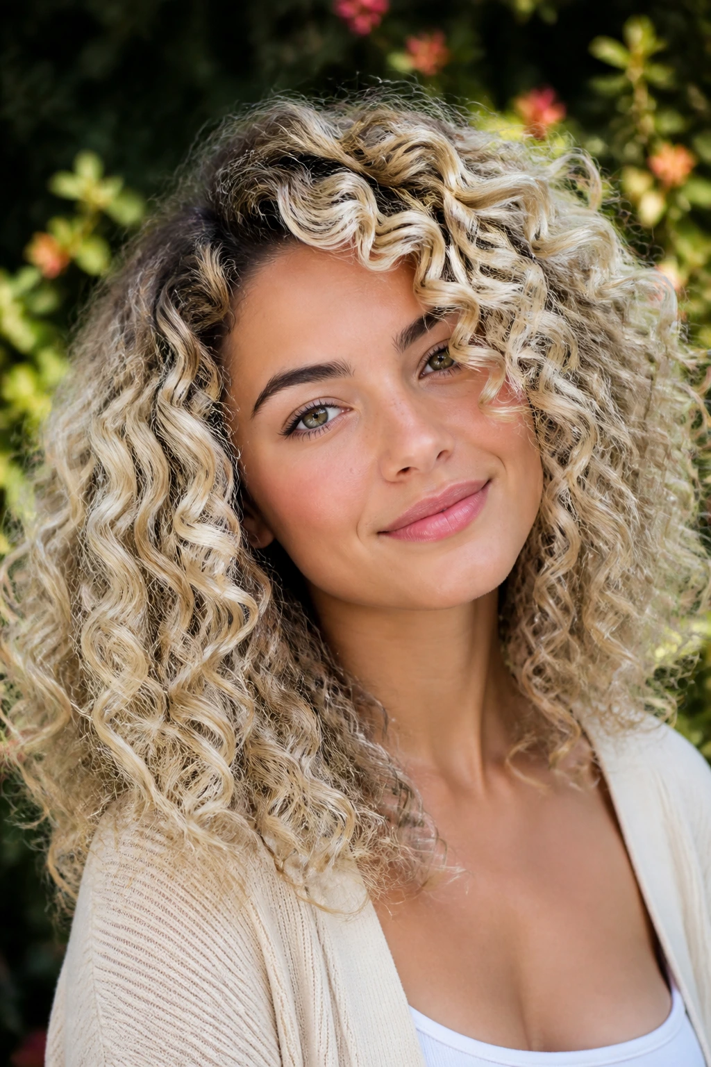 Close-up of a real woman with platinum balayage on thick curls