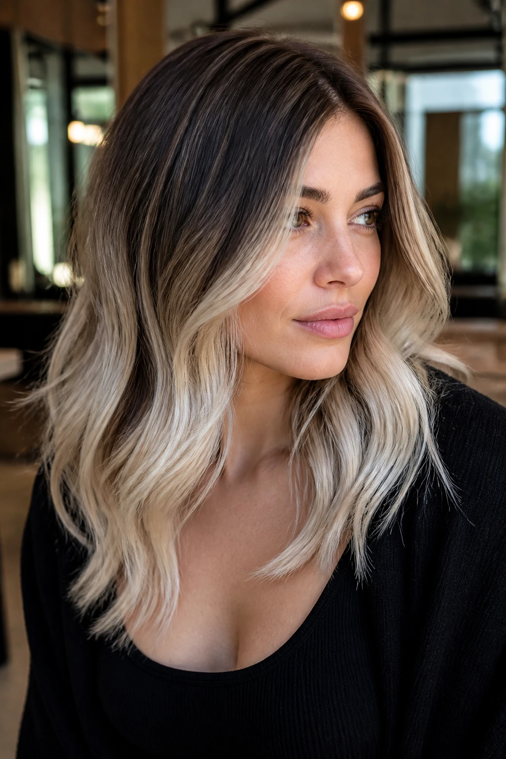 Close-up portrait of a real woman with platinum ends balayage and deep-rooted color.