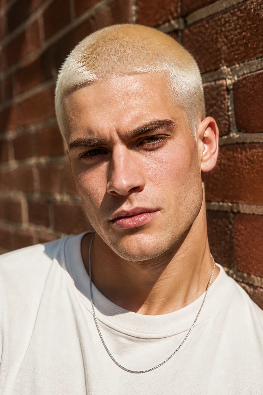Close-up of a man with platinum blonde buzz cut against a brick wall.