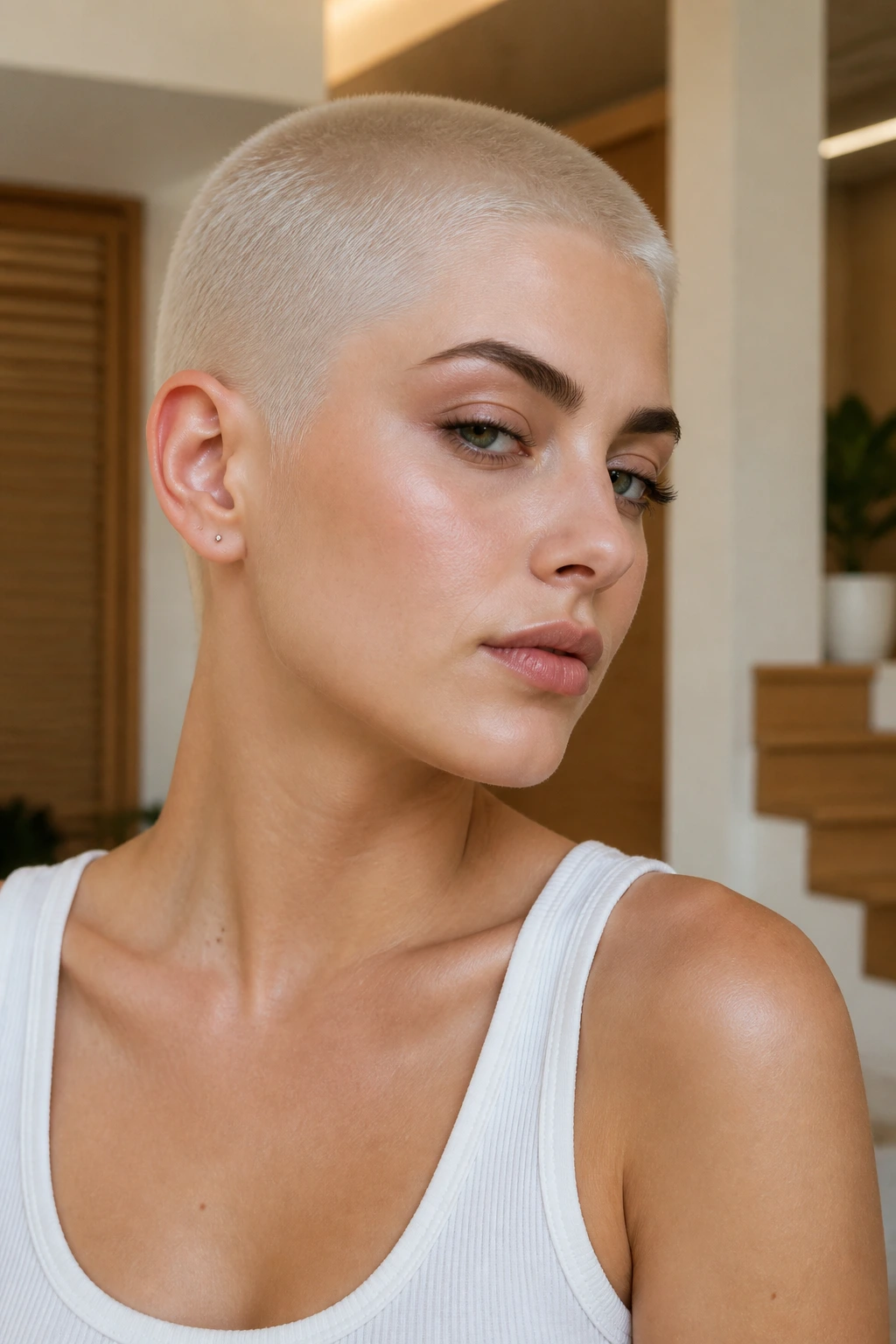 Close-up of a real person with a platinum blonde buzz cut and a crisp scalp line