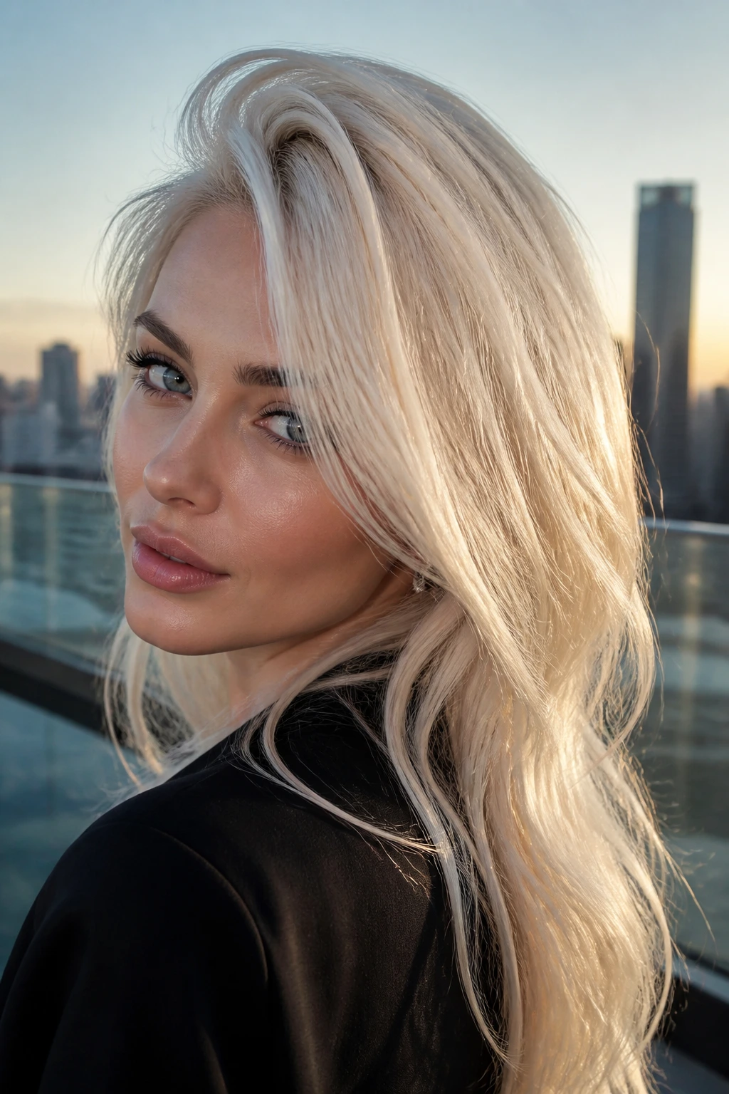 Close-up of a real woman with platinum blonde hair on an urban rooftop at golden hour