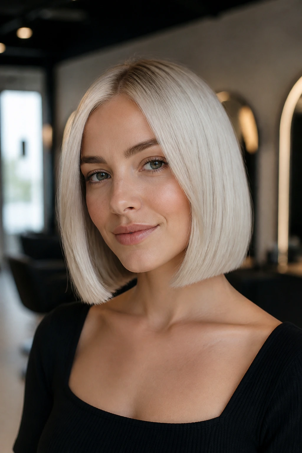 Real woman with a platinum mini lob and dense blunt ends.