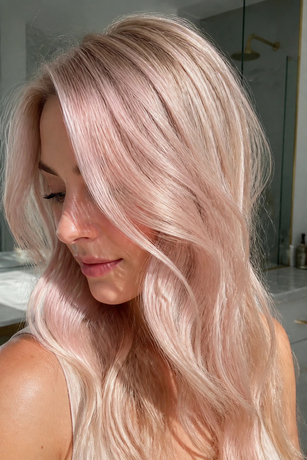 Platinum blonde hair with a barely-there rose gold gloss close-up portrait