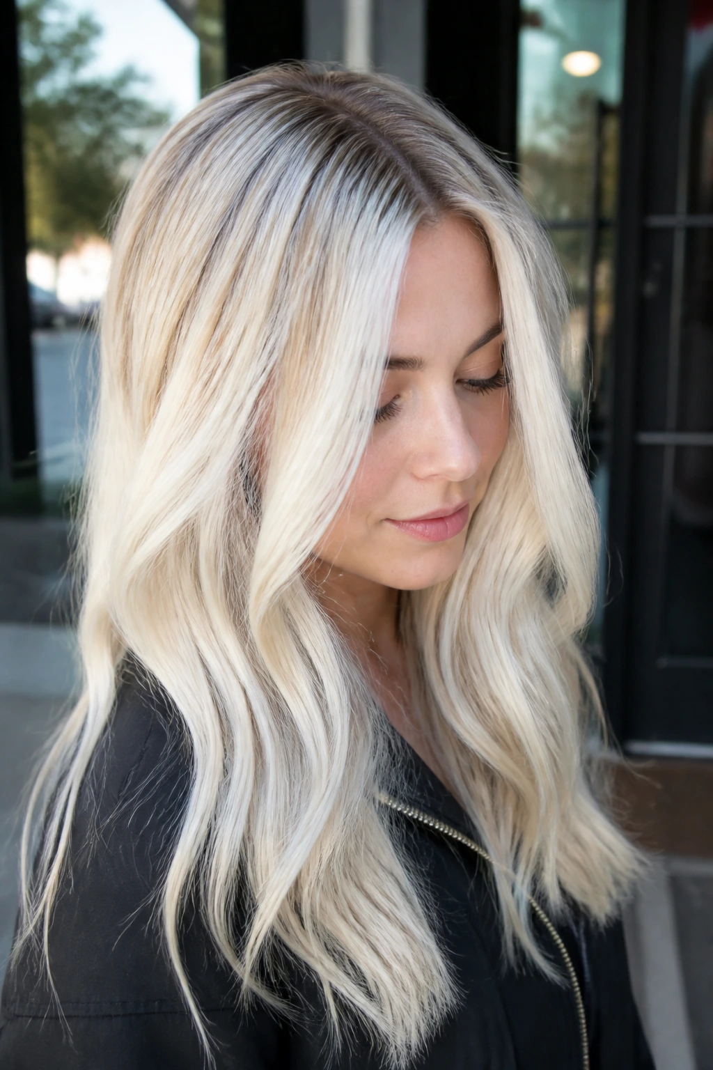 Close-up of a real person with platinum hair and shadow root in natural daylight