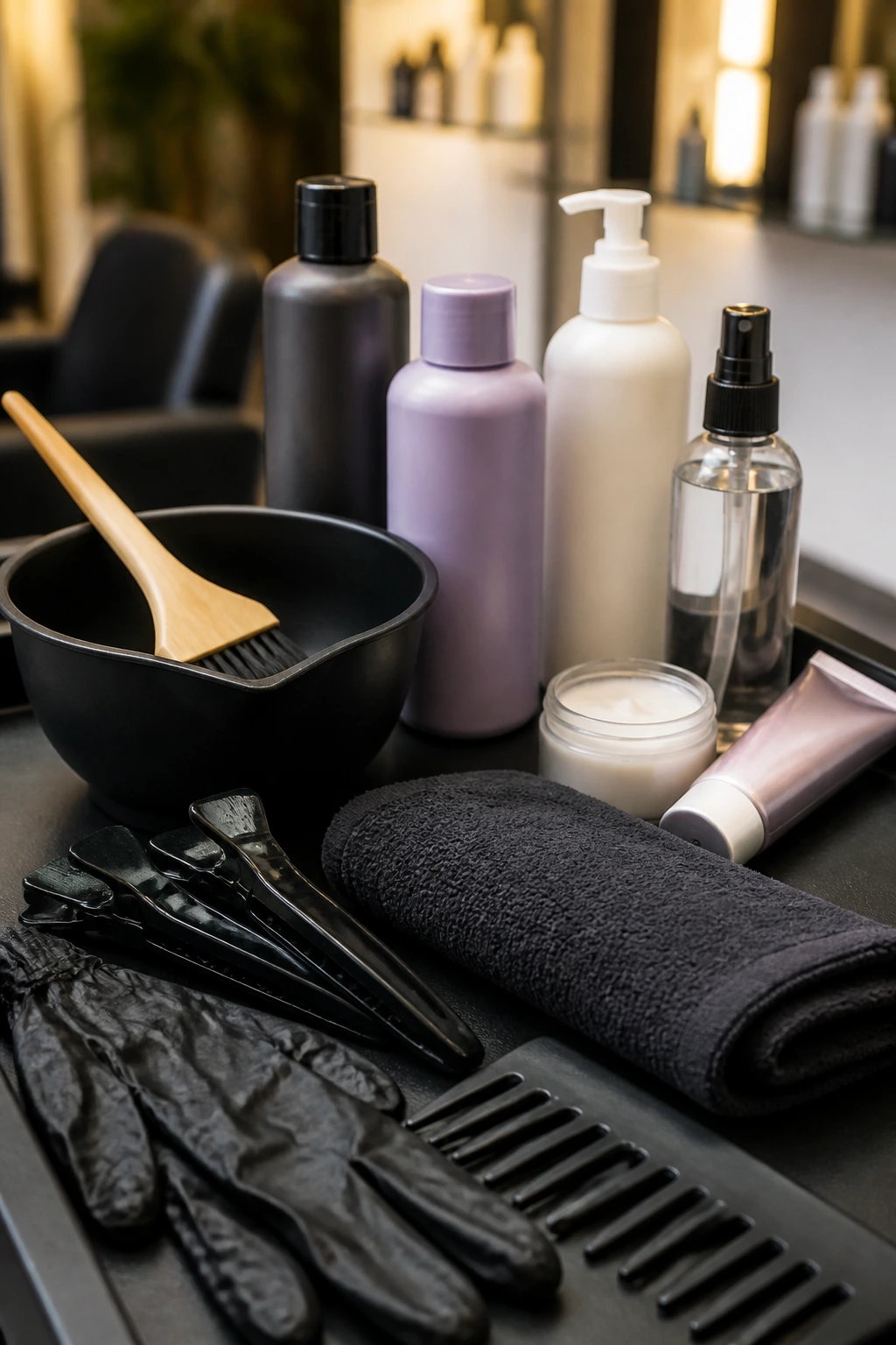 Close-up of essential platinum blonde maintenance tools on a salon counter