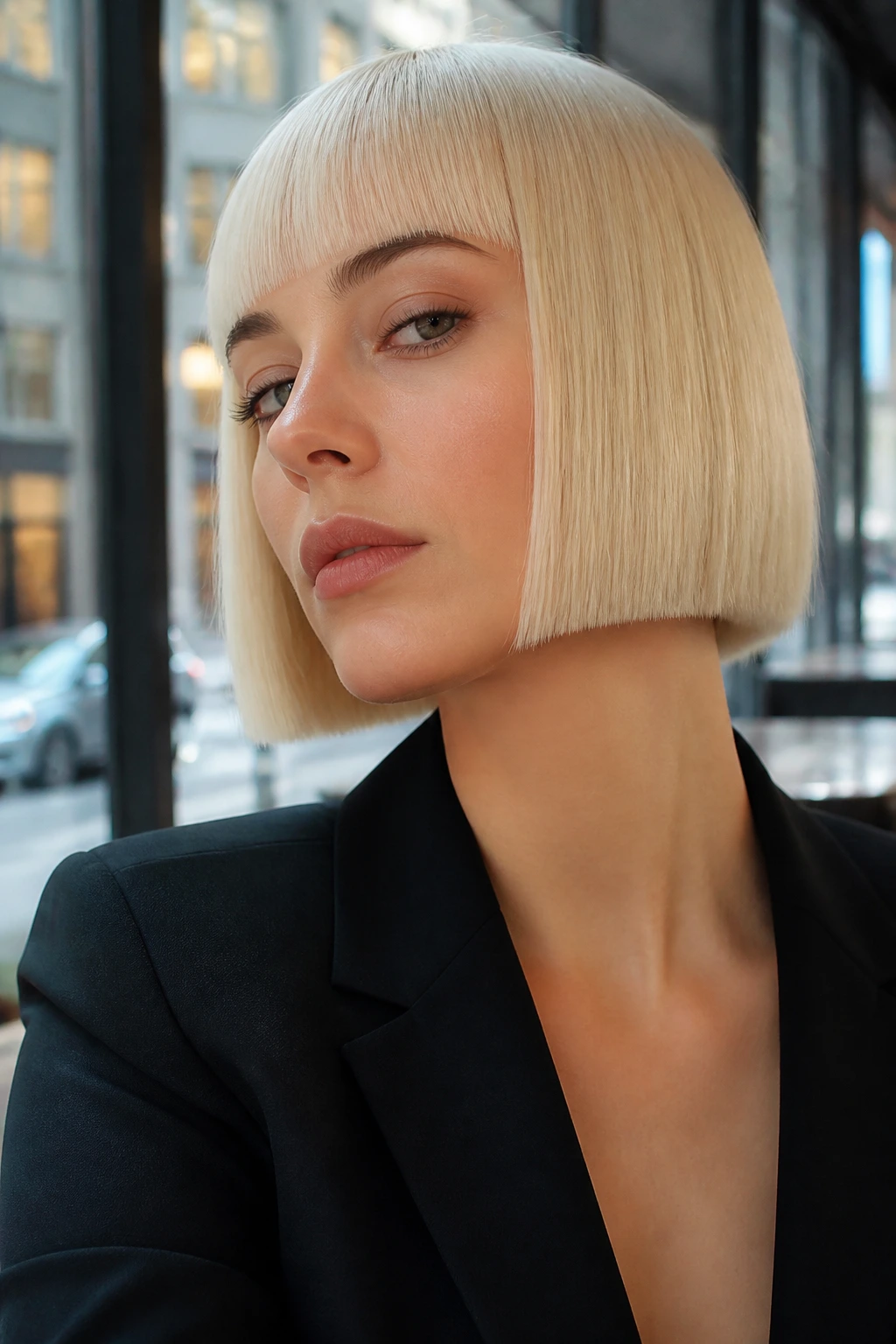 Close-up of a real woman with platinum blunt bob in cafe daylight