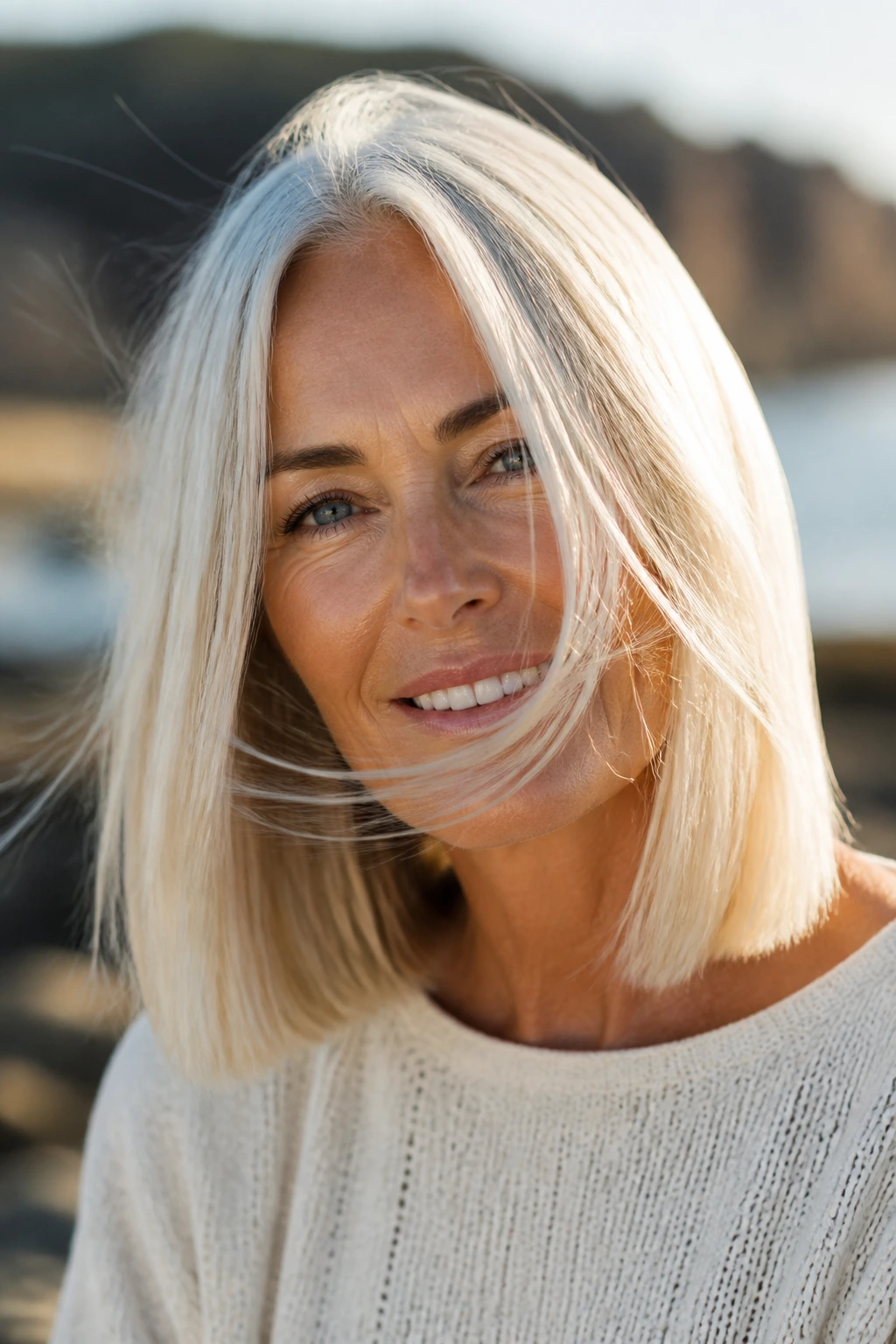 Real woman with sharp blunt platinum long bob in outdoor light