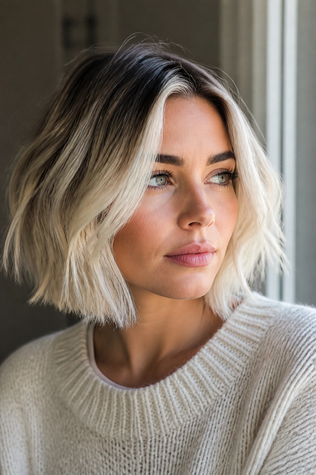 Close-up of platinum blonde bob with frosted front frame on a real person
