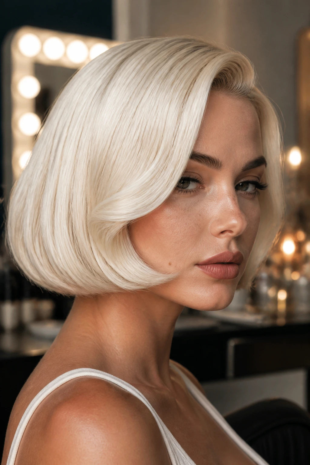 Portrait of a real woman with a platinum bob haircut