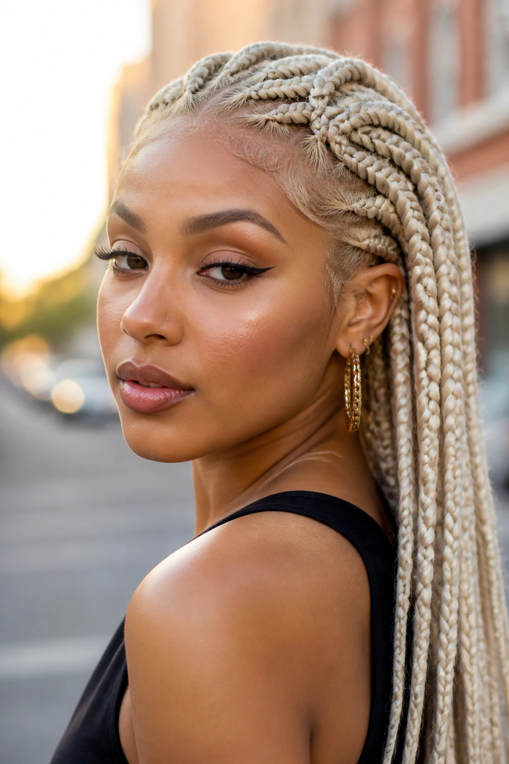 Close-up of a real person with platinum braids in neat cornrows