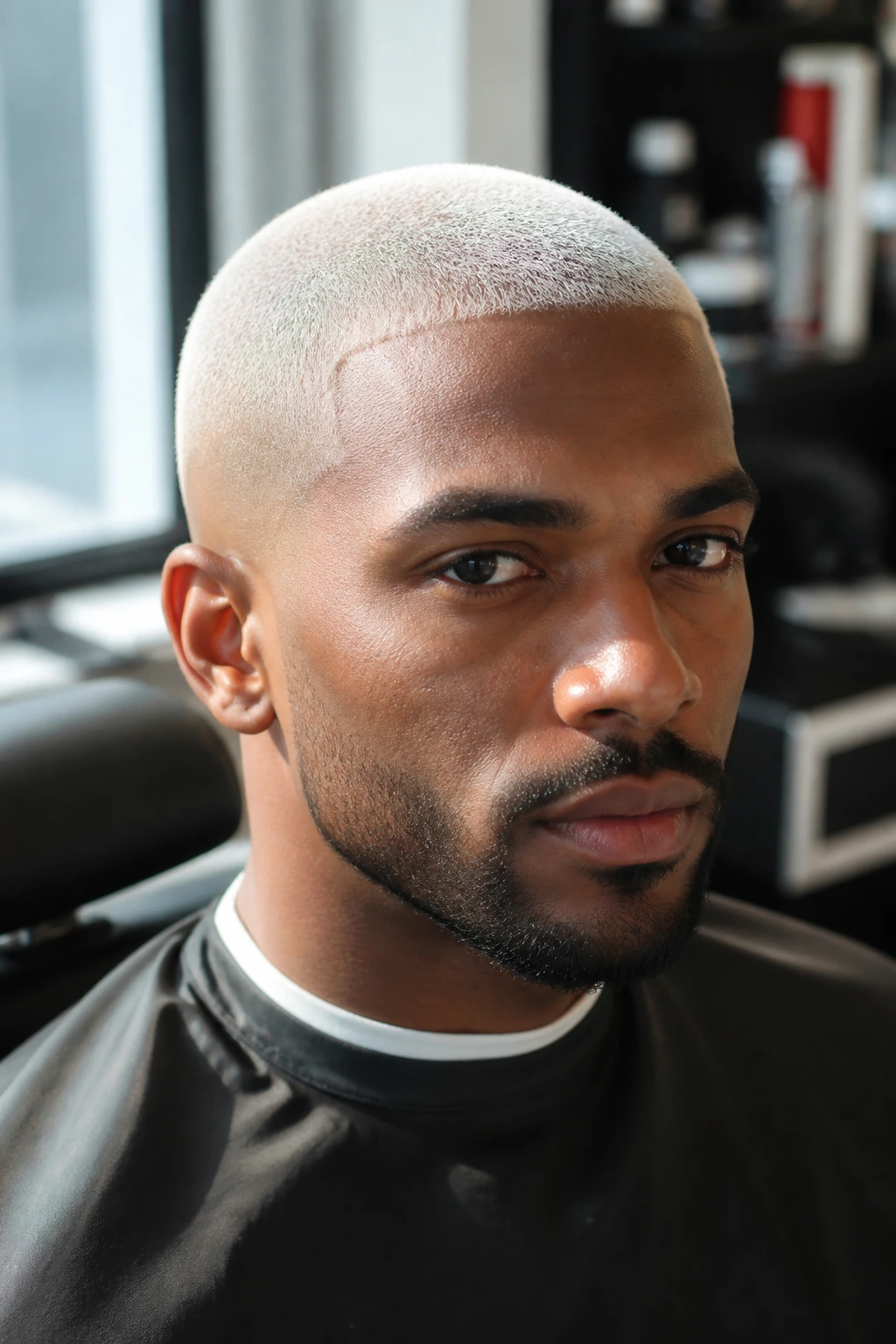 Close-up portrait of a Black man with platinum buzz cut in barbershop lighting