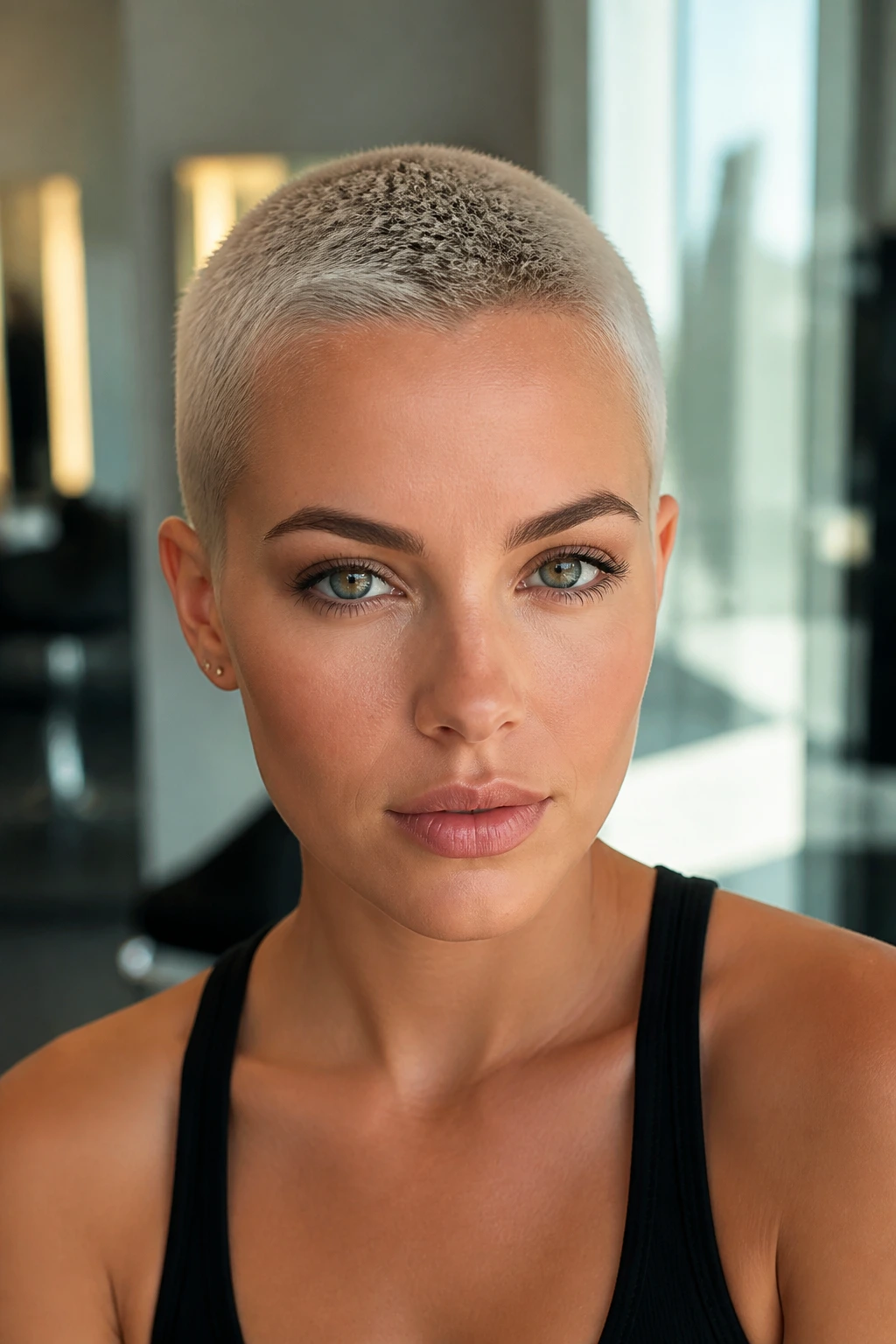 Close-up of a real woman with platinum buzz cut and clean roots in warm salon light