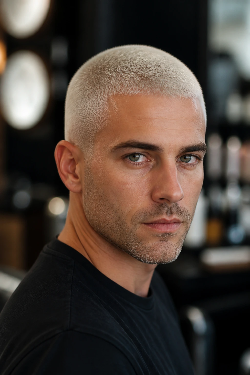 Man with platinum buzz cut, sharp face frame.