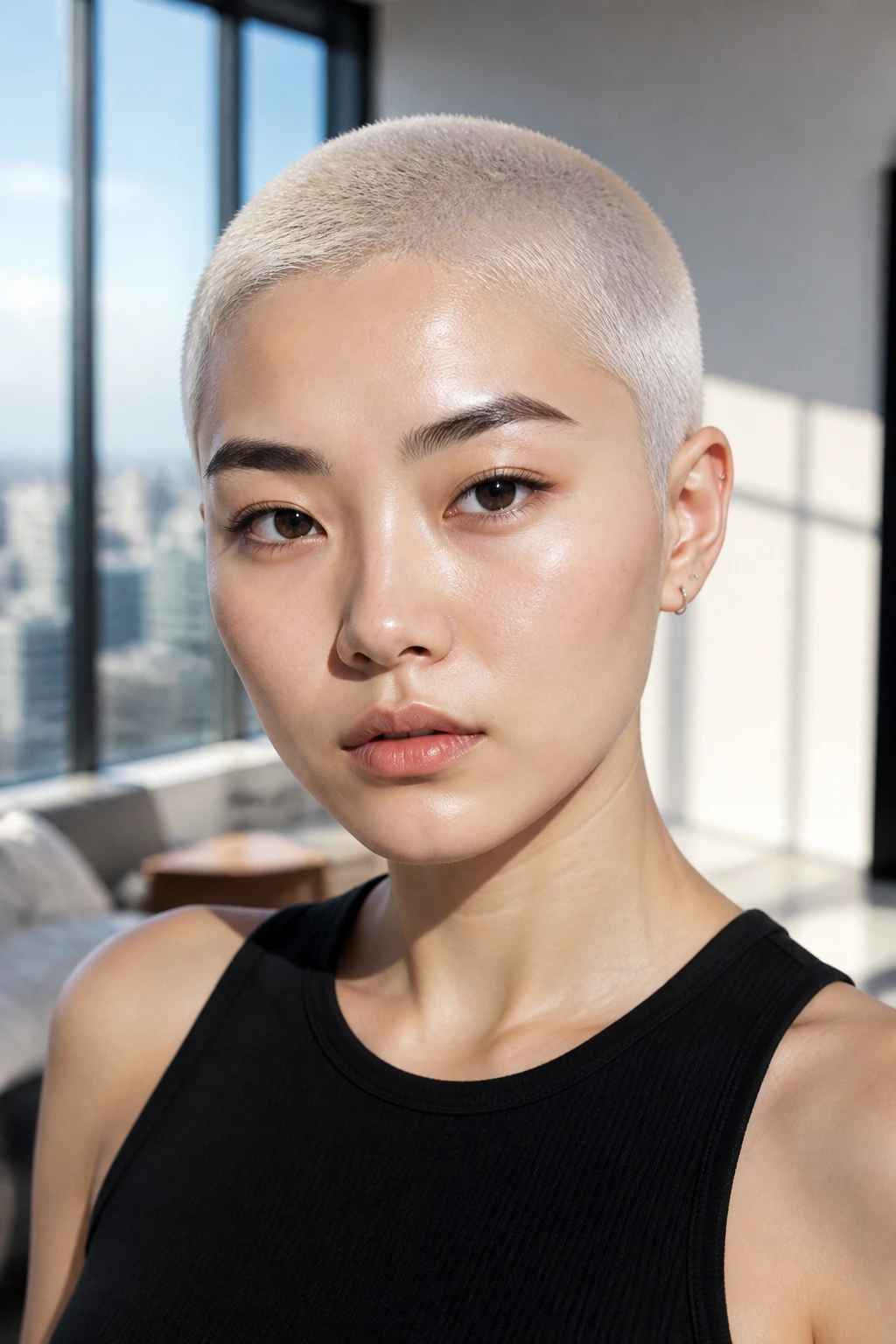 Close-up portrait of Asian woman with platinum buzz cut in natural daylight