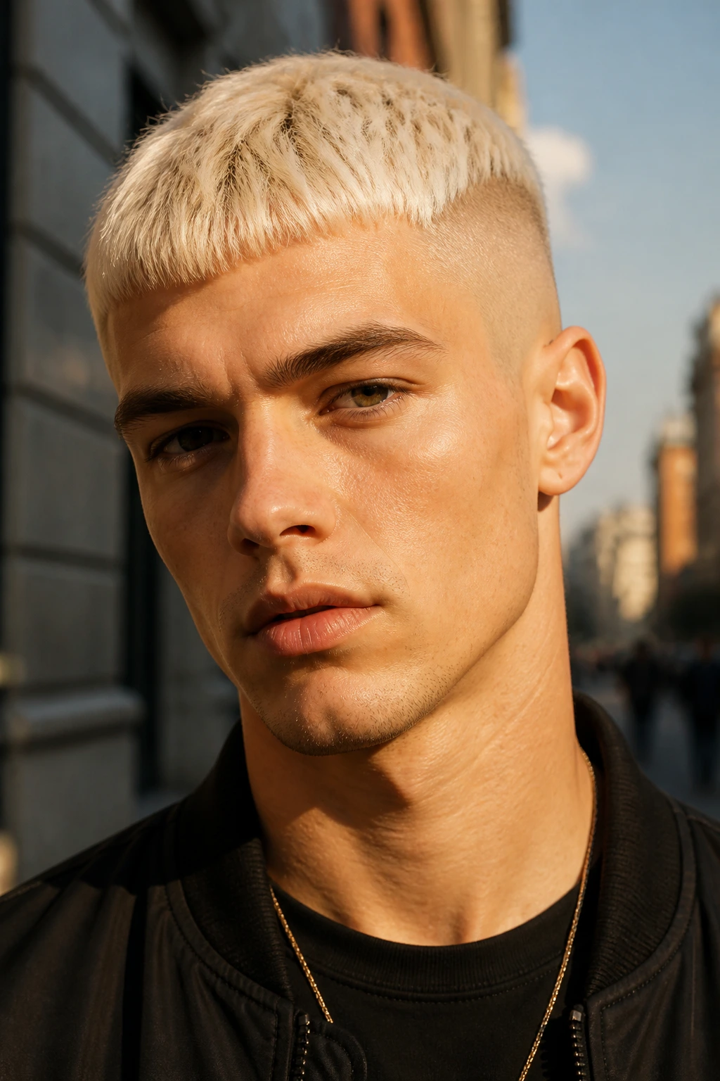 Close-up portrait of a real person with platinum buzz-top Chelsea cut and shaved sides on urban street at golden hour