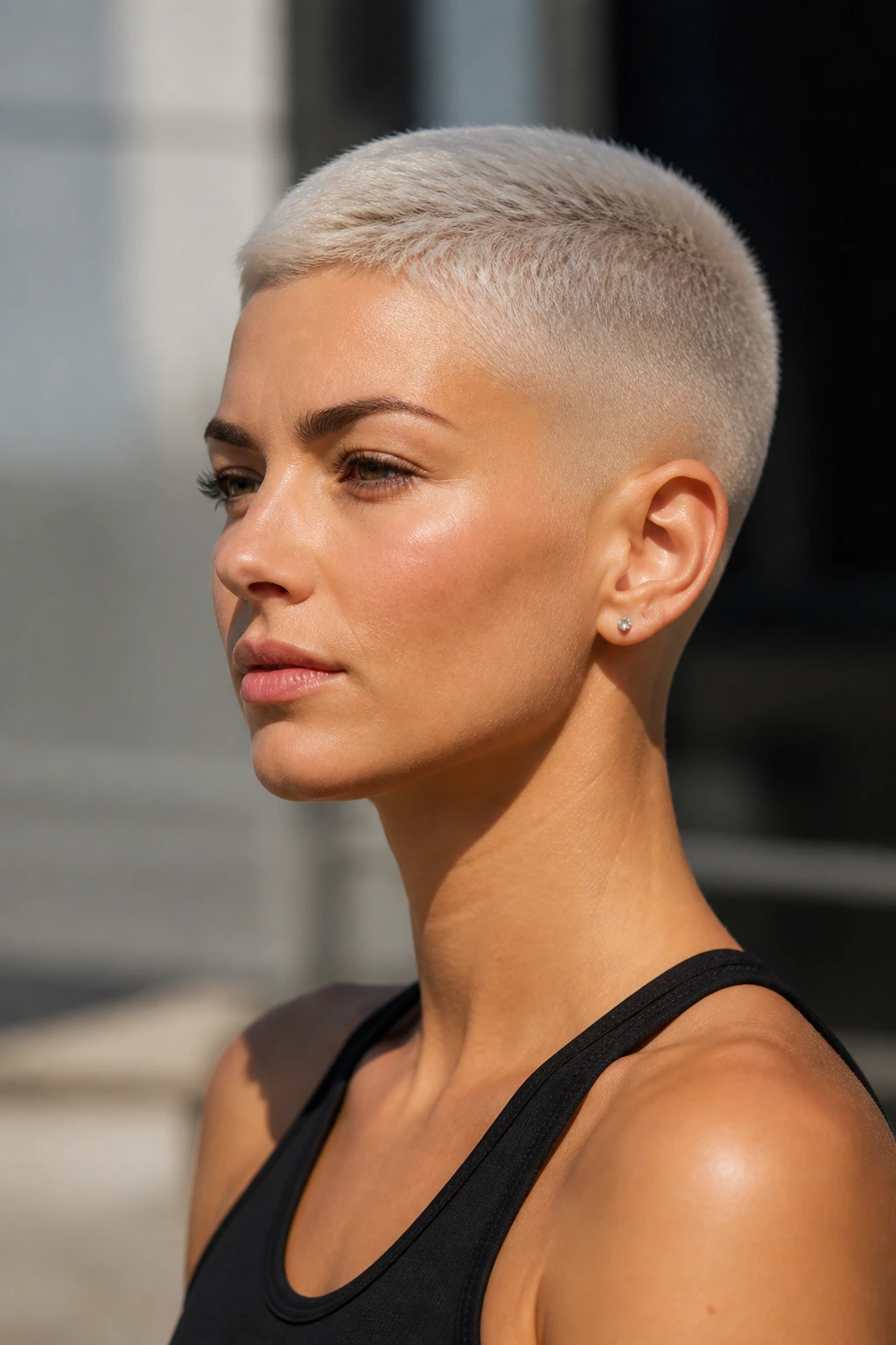 Real woman with platinum buzz cut and clean fade