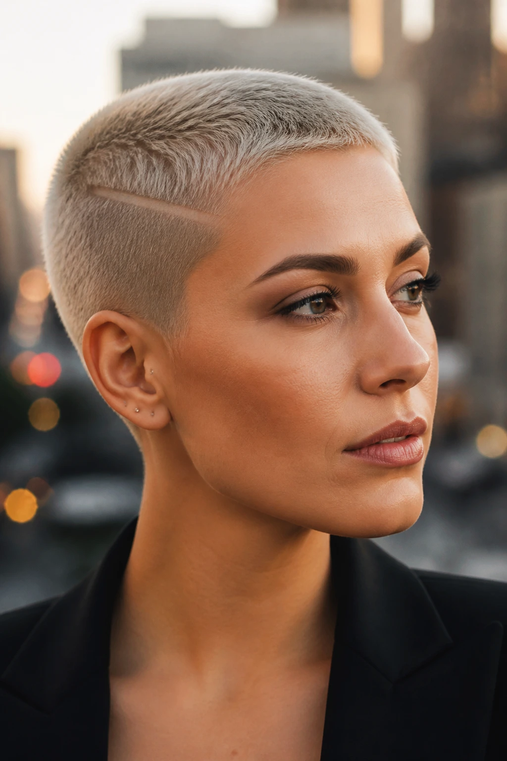 Close-up of platinum buzz cut with a side line on a real person.