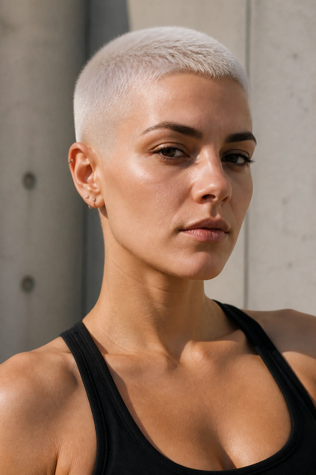 Close-up of a real woman with platinum buzz cut and skin fade