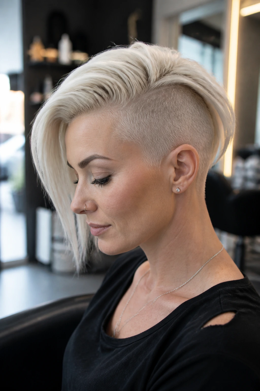 Close-up portrait of a real woman with platinum buzzed side sweep hairstyle in a modern salon