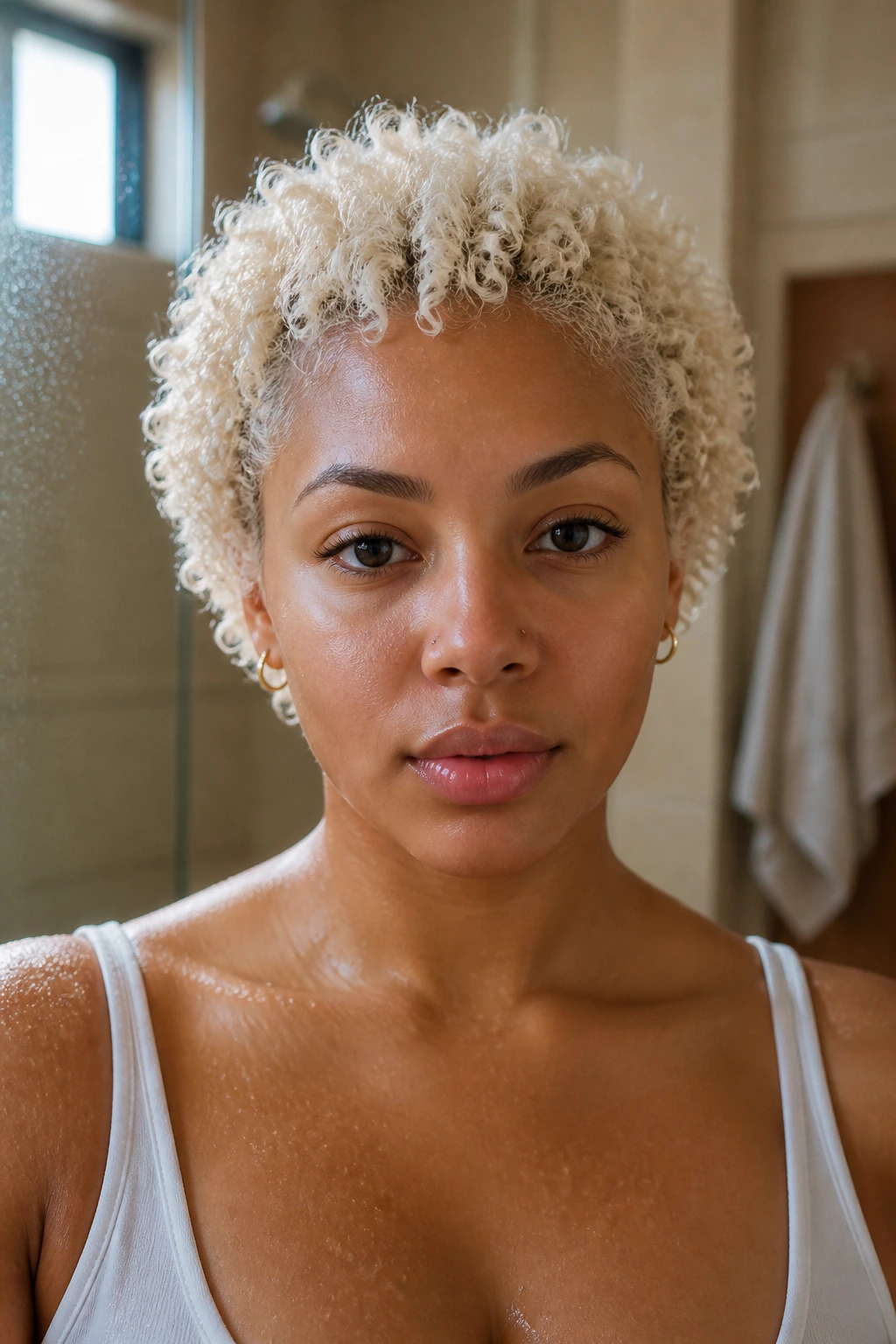 Close-up of a real person with platinum coily hair and defined curls