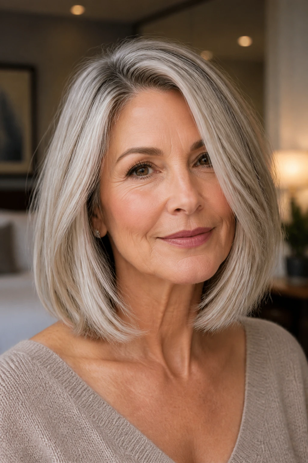 Portrait of platinum lob with root shadow and cool beige tones on a real person