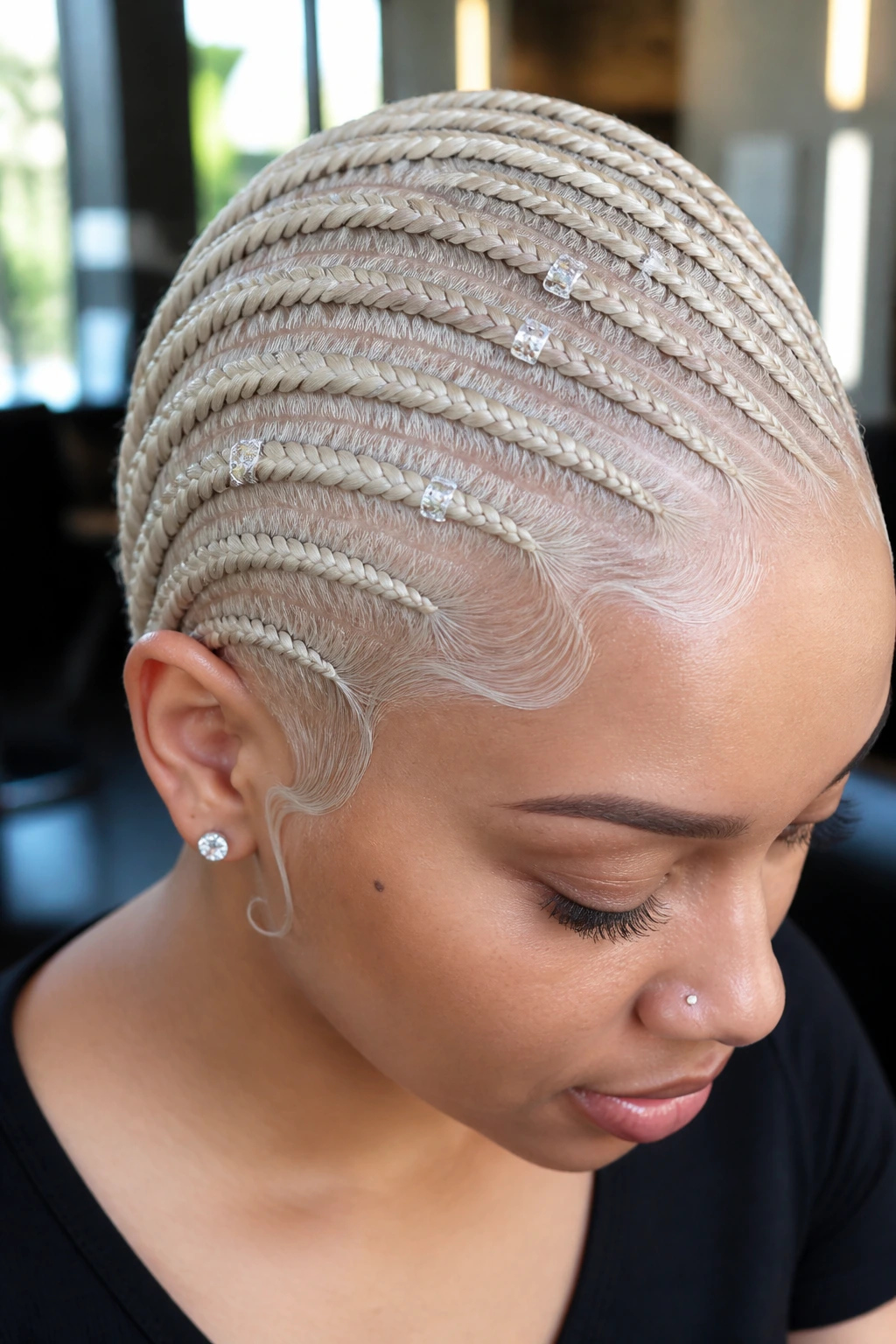 Close-up of platinum side-swept cornrows with crystal beads on a real person.